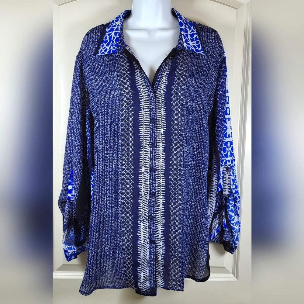 MELISSA PAIGE Plus Size Button Front Tunic Blue Geometric Women's Size 2X